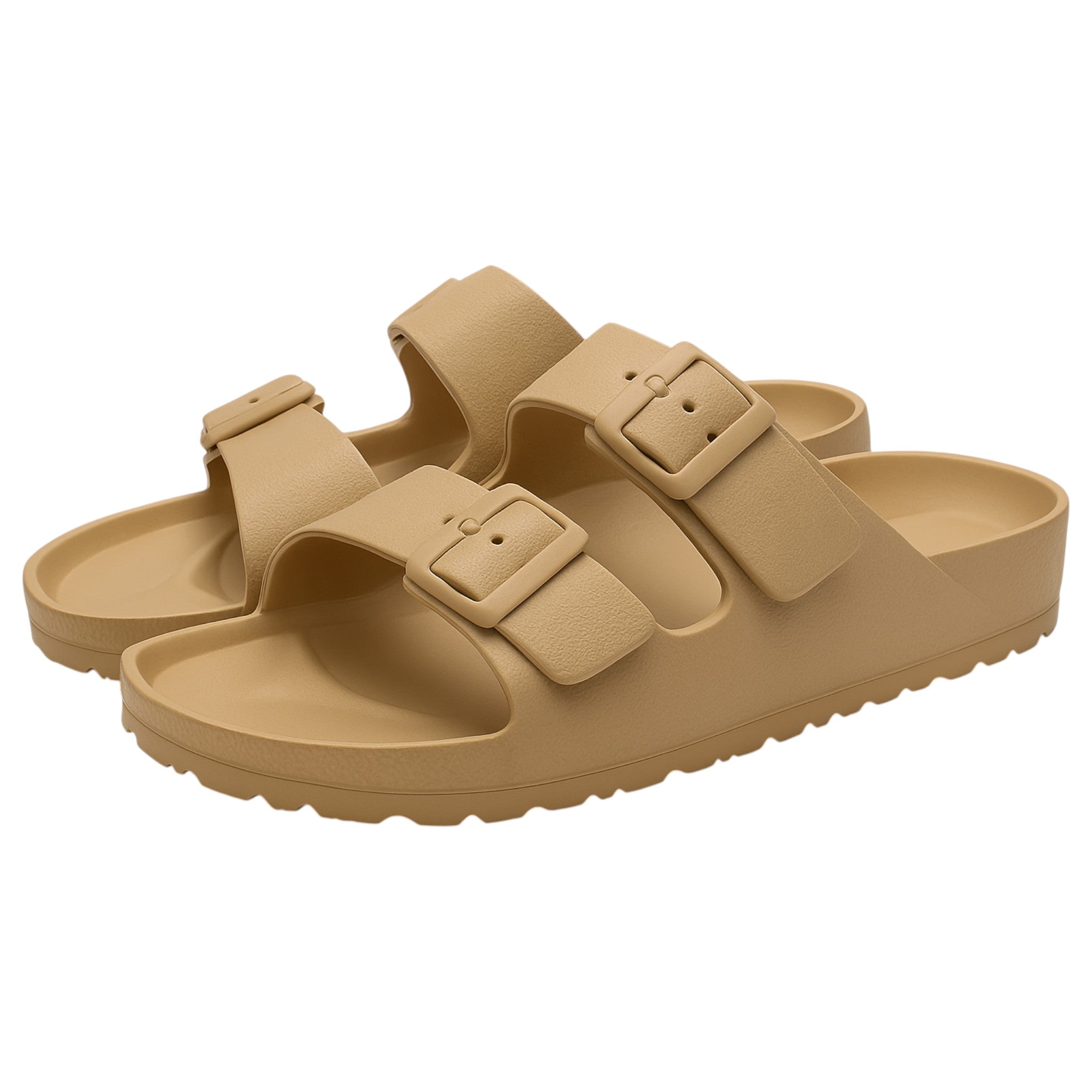 Beige Lightweight slip-on sandals with adjustable double buckle straps perfect for holiday's, beach and swimming pools